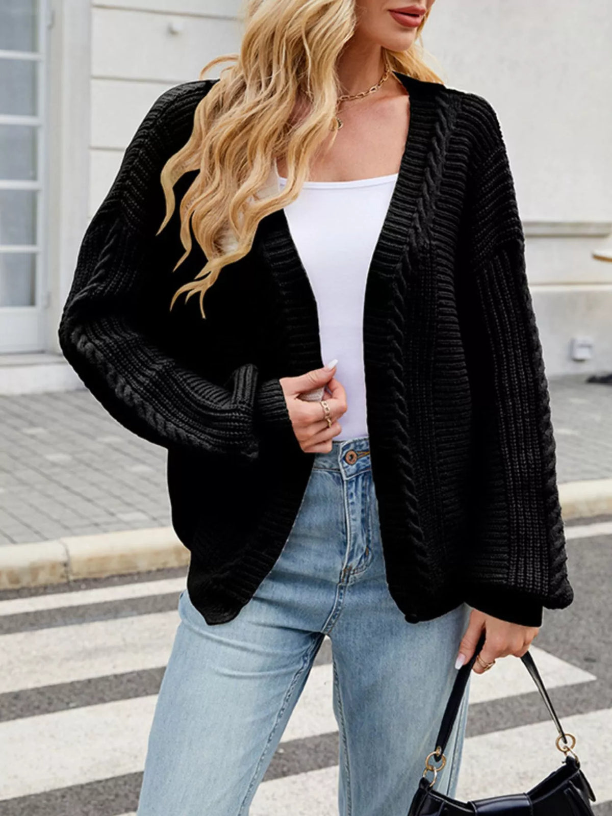 Cable Knit Button-Up Cardigan – Off-White / Black