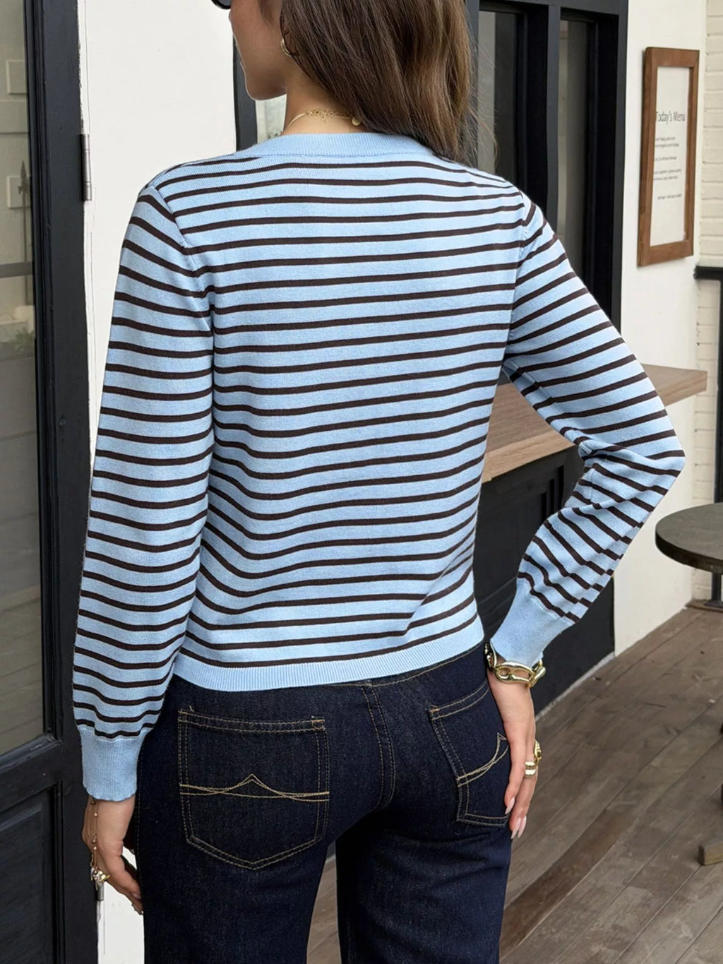 Striped Crew Neck Button-Down Cardigan