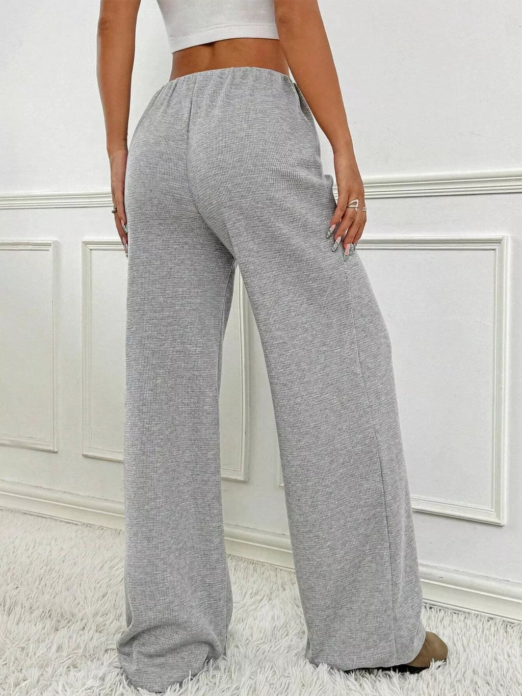 Striped Ribbed Knit Drawstring Waist Wide Leg Pants