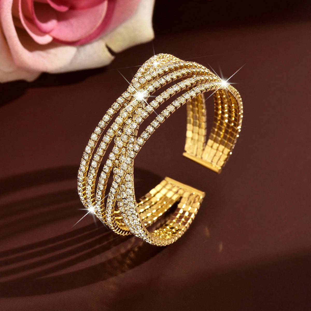 Eco-friendly Full Zircon Cross C Shape Wide Open Elastic Bangle Statement Women Wrist Jewelry For Banquet Party Occasions