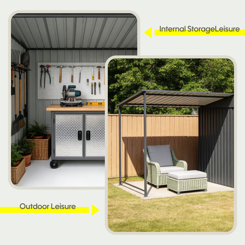 12x4 FT Metal Lean-To Shed with Pergola, 6x4 FT Outdoor Storage Shed & Hardtop Gazebo Combo