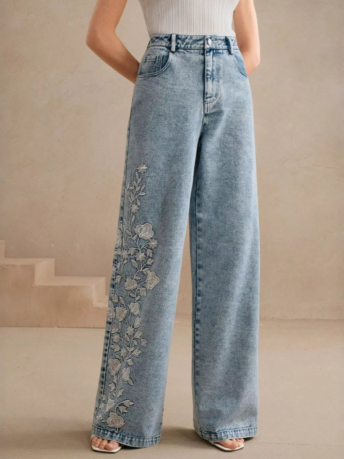 Embroidered Wide-Leg Jeans
