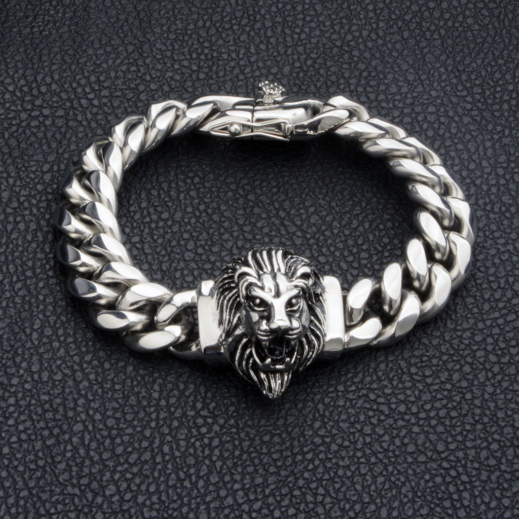 14mm-wide Lion-head Stainless Steel Titanium Alloy Gold-plated Buckle Cuban Mens Bracelet