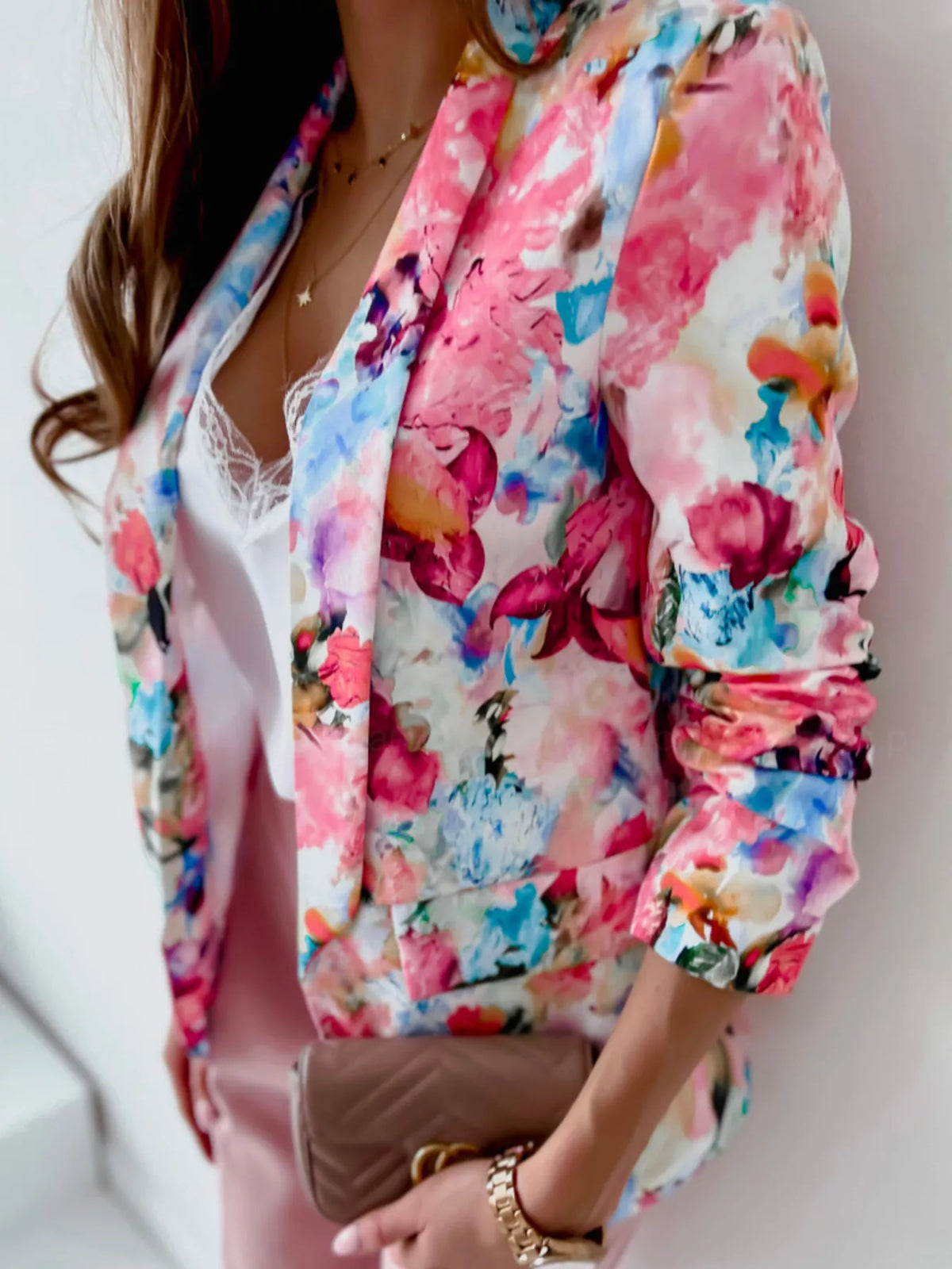 Vibrant Floral Print Open Front Blazer