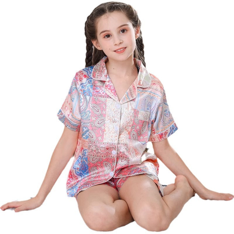 Girls' Pajamas Thin Ice Silk Children's Short-sleeved Shorts Summer