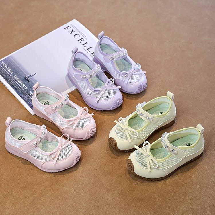 2026 Summer New Girls Ballet Shoes, Mary Jane Sandals With Bow & Rhinestone, Breathable Soft Sole Kids Shoes