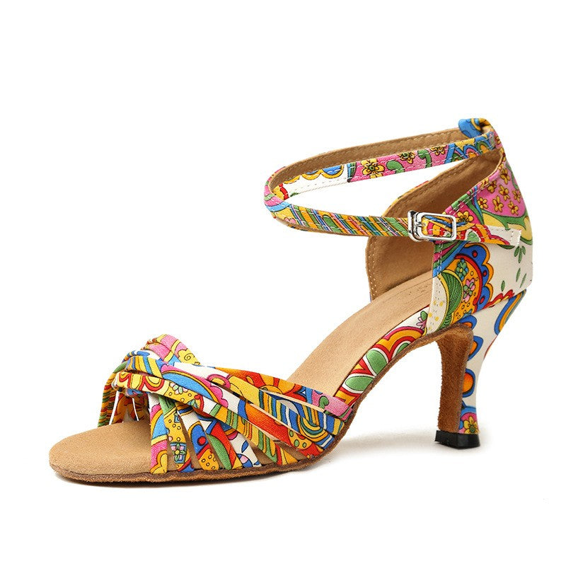 Printed Satin Latin Dance Shoes High Heels