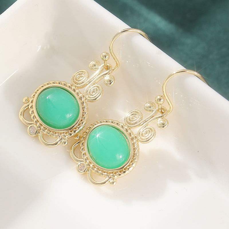 Vintage Oval Stone Drop Earrings Gold Tone Brass Women Red Green Boho Party Fashion Jewelry