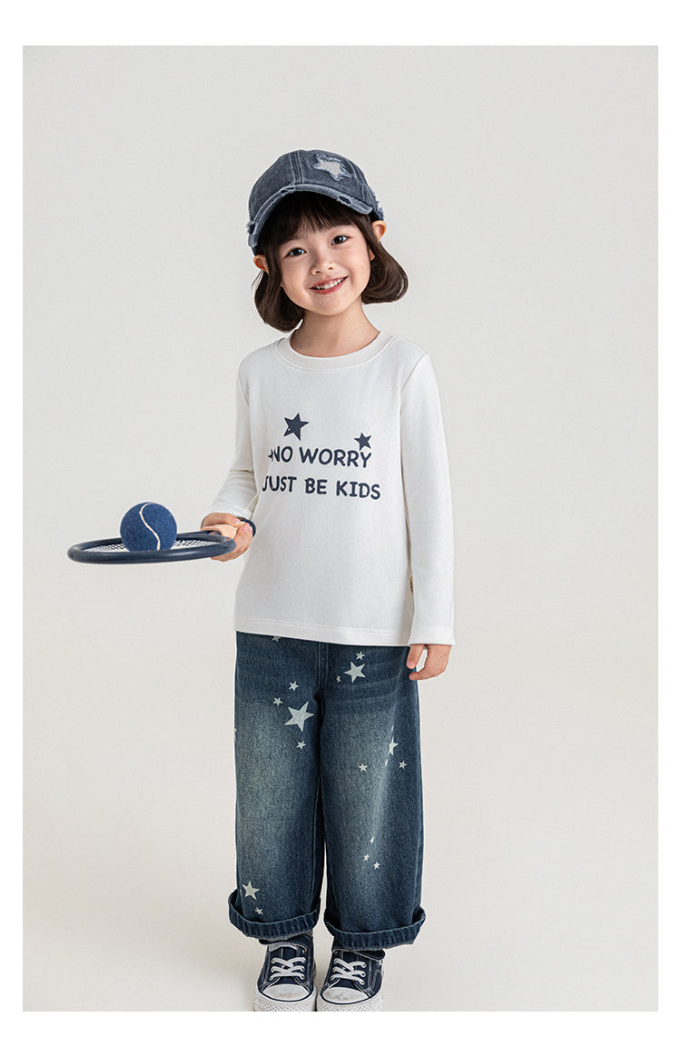 Girls' Wide-leg Multicolor Denim Jeans With Star Print