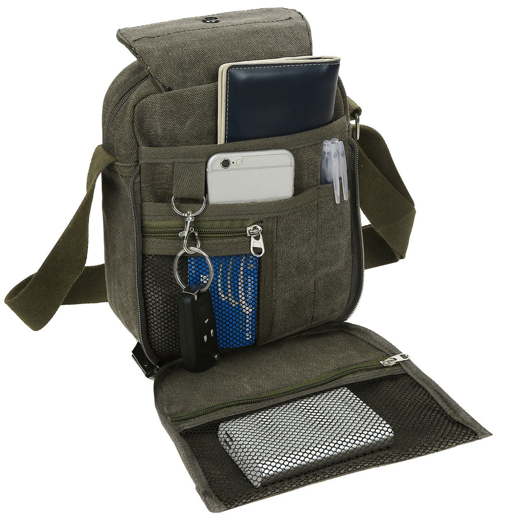 Crossbody Canvas Bag for Phone and Tablet Zipper Pockets