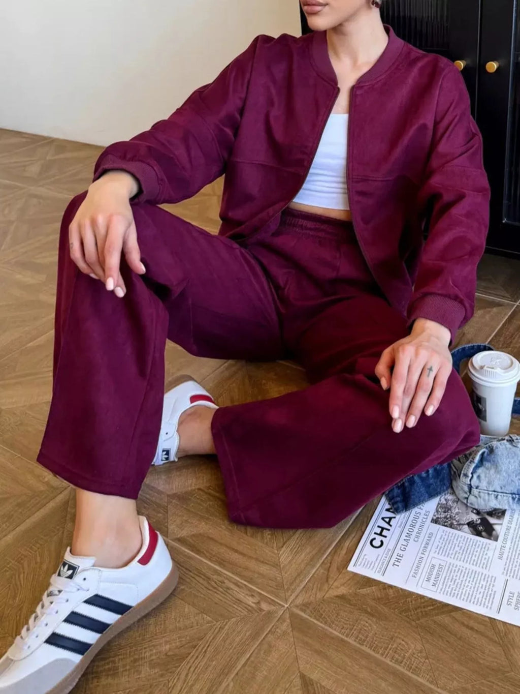 Zip Up Sweatshirt and Wide-Leg Pants Set