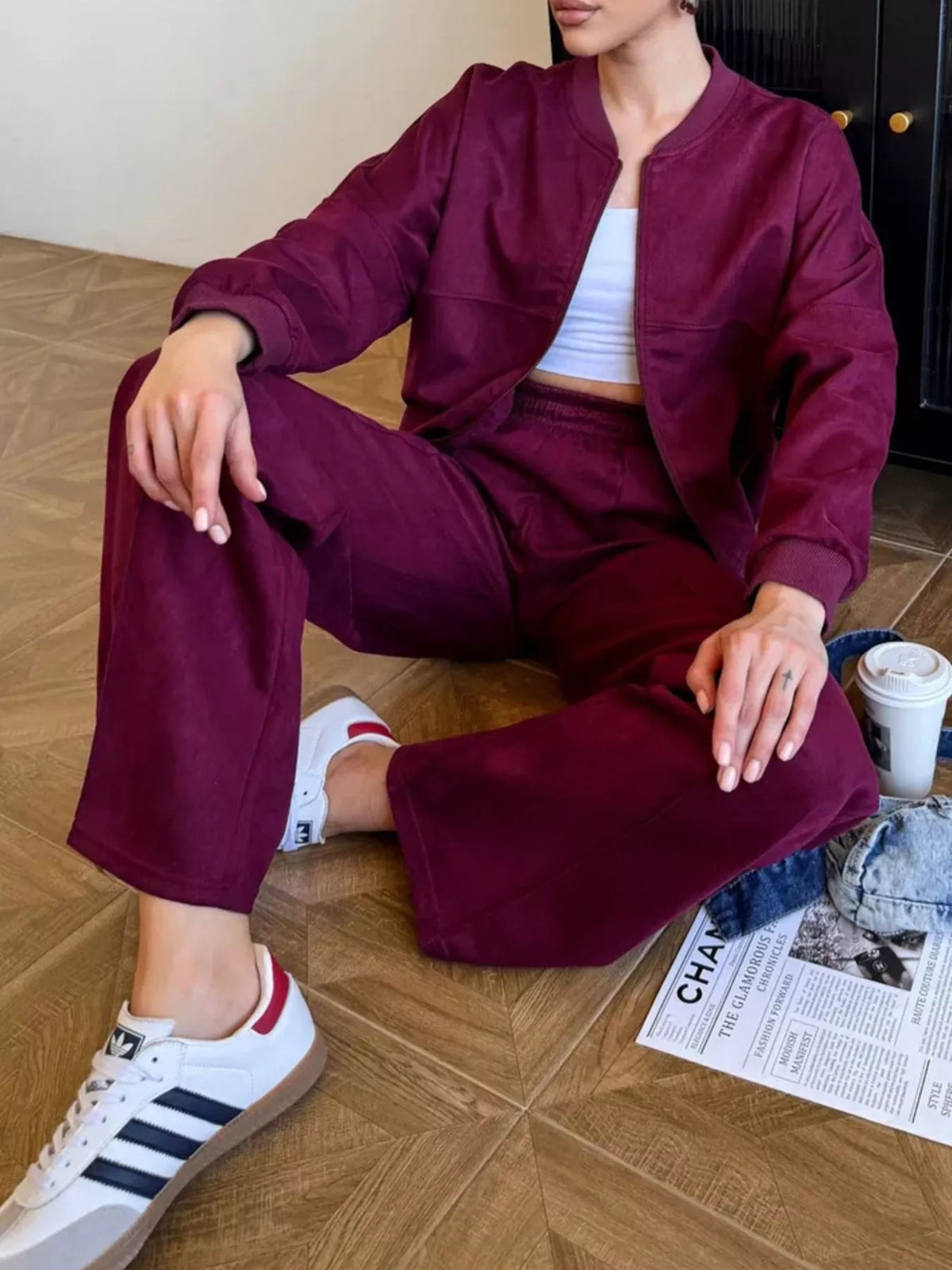 Zip Up Sweatshirt and Wide-Leg Pants Set