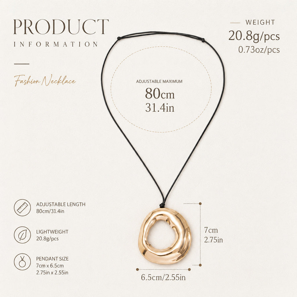 Statement Geometric Metal Hollow Pendant Necklace Adjustable Drawstring Wax Cord Women Neck Jewelry For Daily Dating Banquet Party Occasions