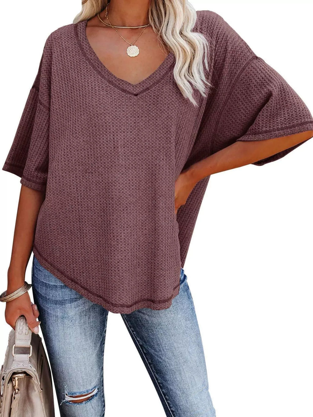 Waffle Knit V-Neck Short Sleeve T-Shirt