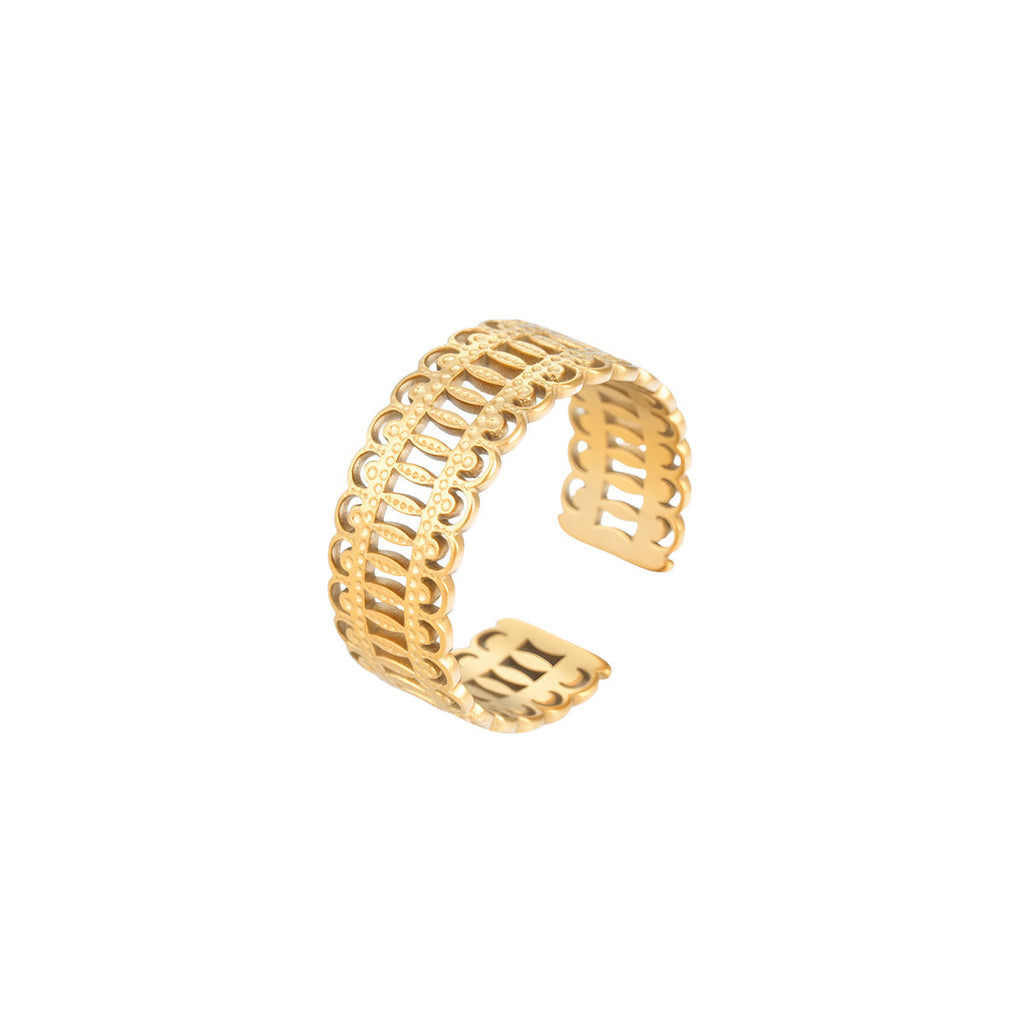 Heavy Craft Hollow Out Design Stainless Steel Ring For Women, Light Luxury Exquisite Fashion High-End Vacuum Plating Hand Jewelry