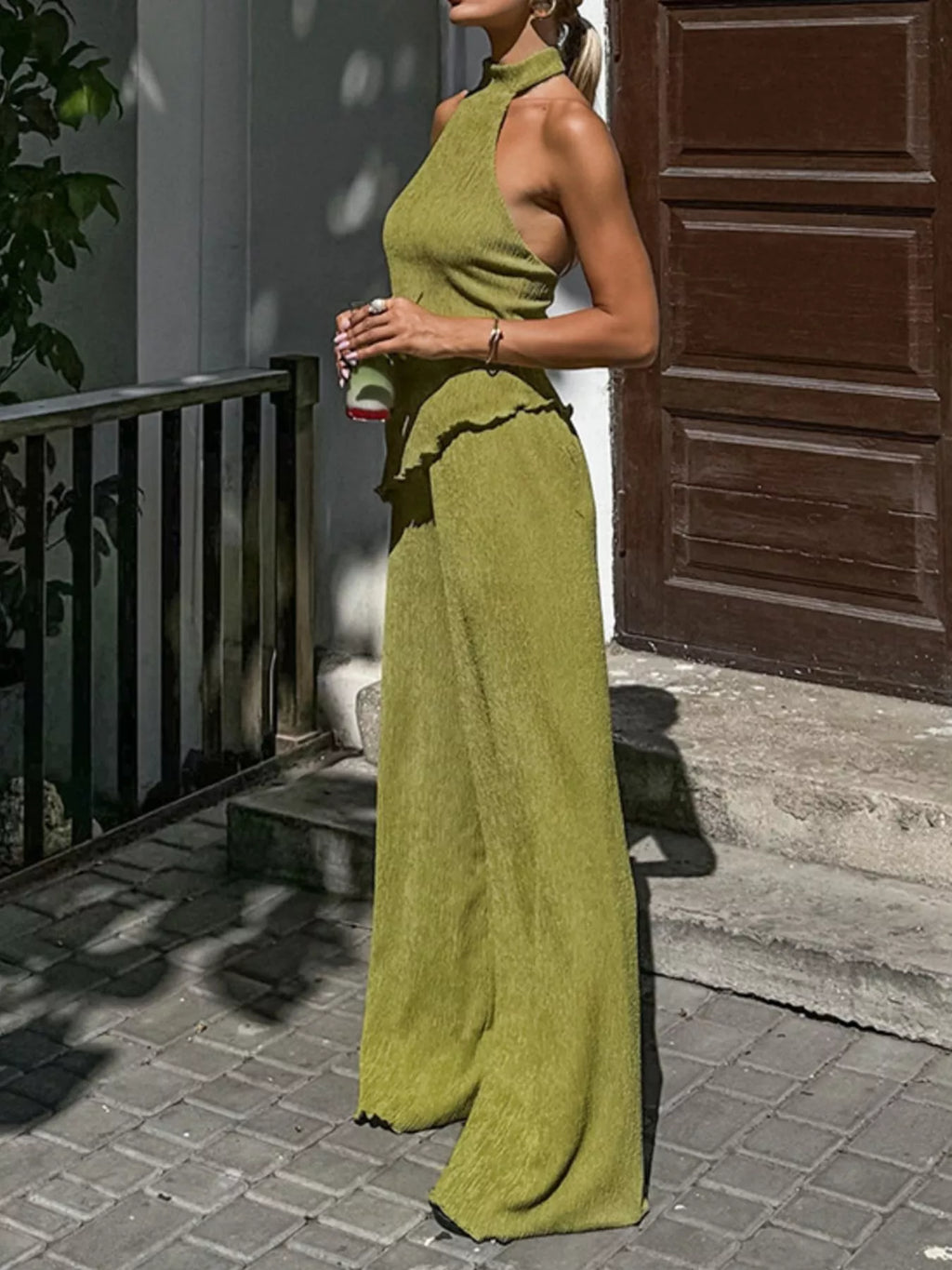 Sleeveless Top and Wide-Leg Pants Two-Piece Set – Green / Khaki