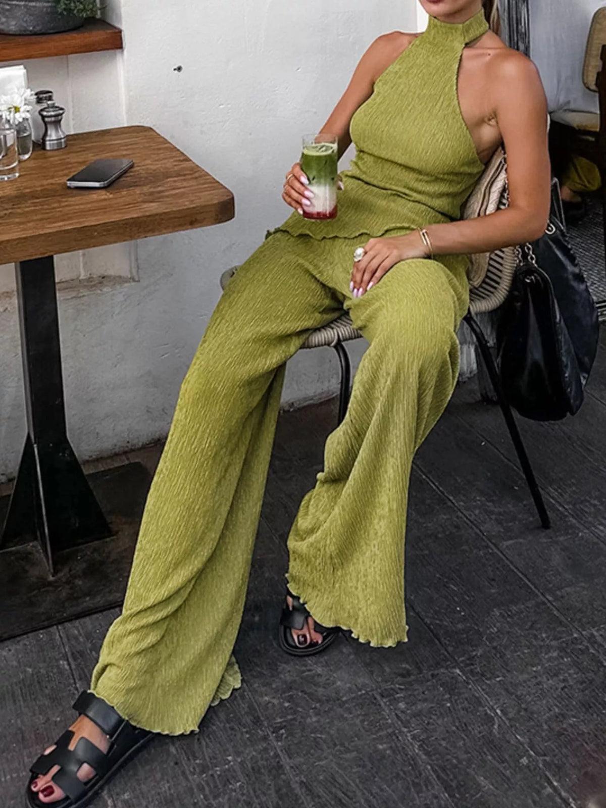 Sleeveless Top and Wide-Leg Pants Two-Piece Set – Green / Khaki