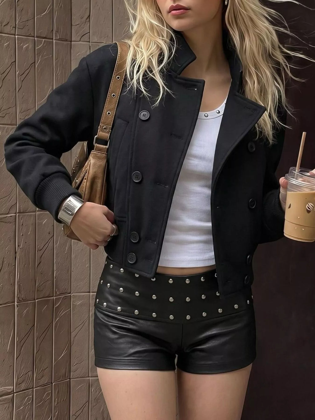 Double-Breasted Cropped Outerwear – Black