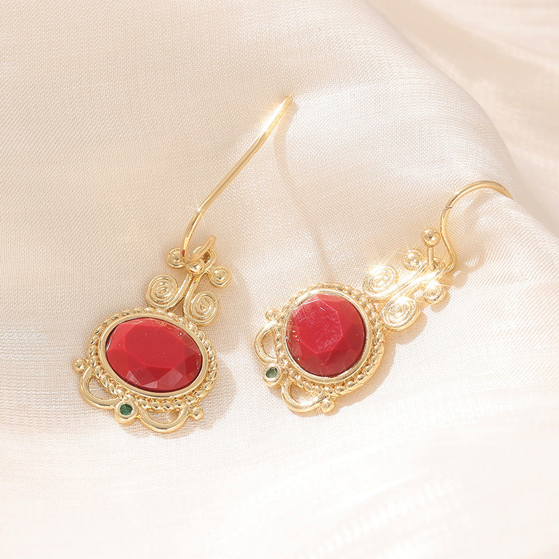 Vintage Oval Stone Drop Earrings Gold Tone Brass Women Red Green Boho Party Fashion Jewelry