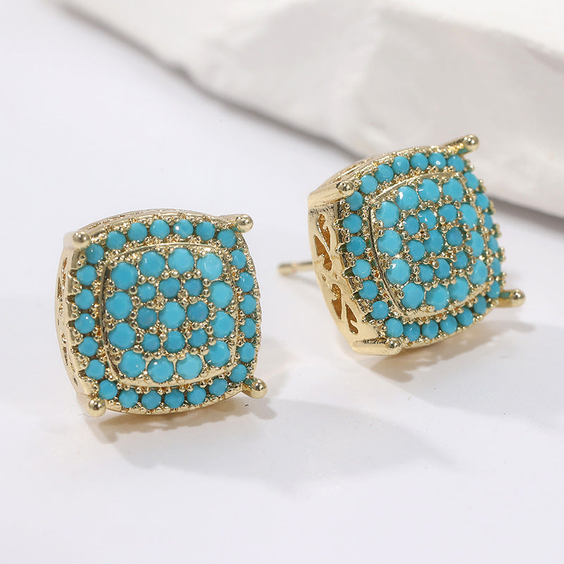 Colorful Square Crystal Stud Earrings Brass Women Turquoise Multicolor Silver Gold Elegant Party Fashion Jewelry