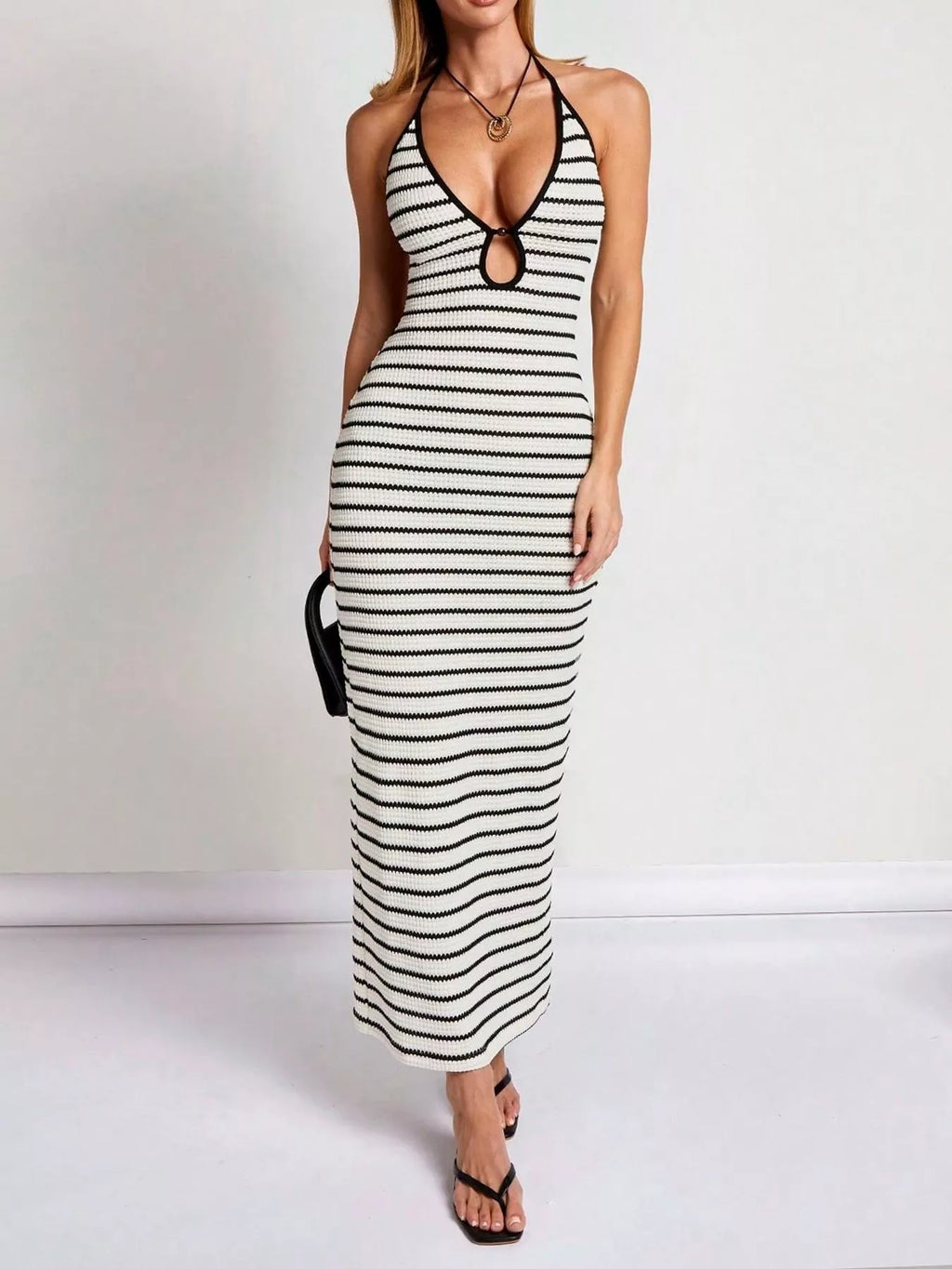 Striped Halter Neck Maxi Dress – White