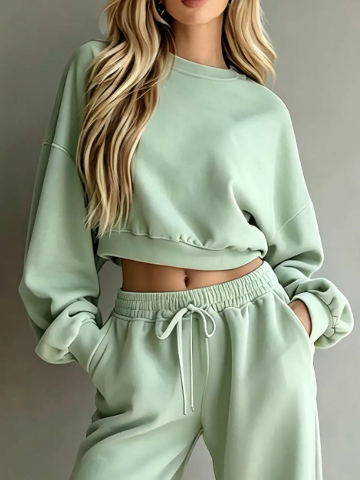 Round Neck Cropped Sweatshirt and Wide-Leg Pants