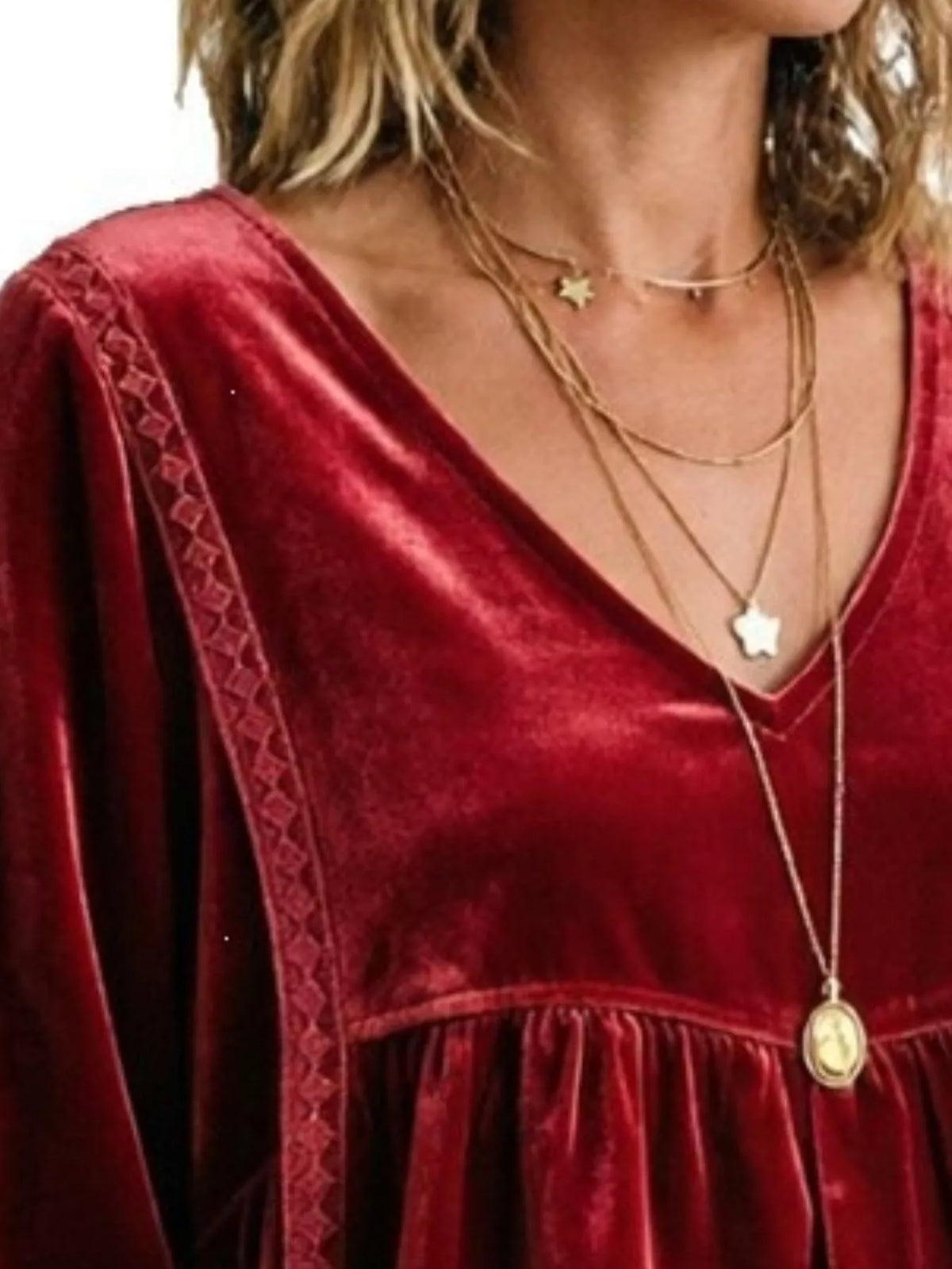Full Size V-Neck Long Sleeve Velvet Blouse with Lace Trim Plus Size