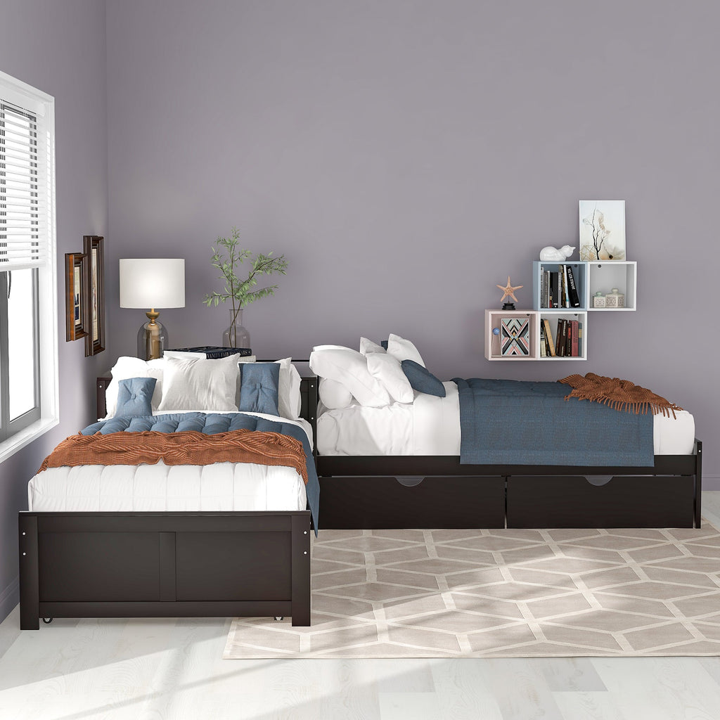 L-Shaped Platform Bed with Trundle and Built-in Desk