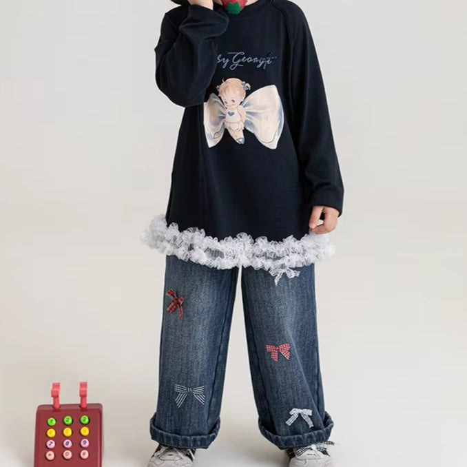 Girls' Bow-knot Loose Straight-leg Pants