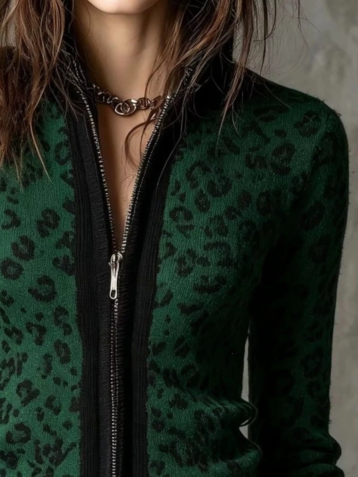 Leopard Zip-Up Knit Cardigan