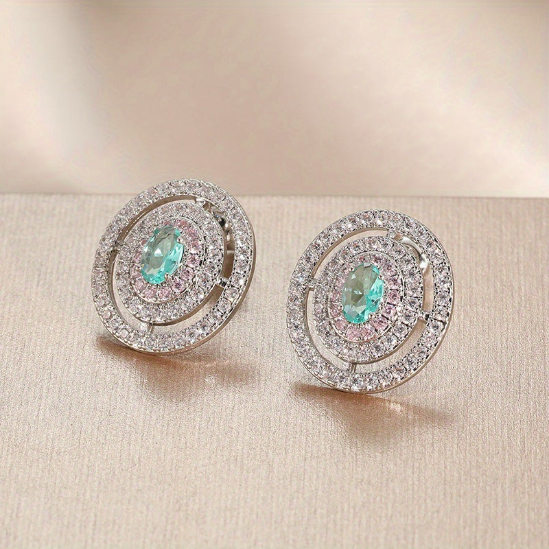 Green Oval Crystal Stud Earrings Brass Women Elegant Party Wedding Halo Geometric Sparkling Fashion Jewelry