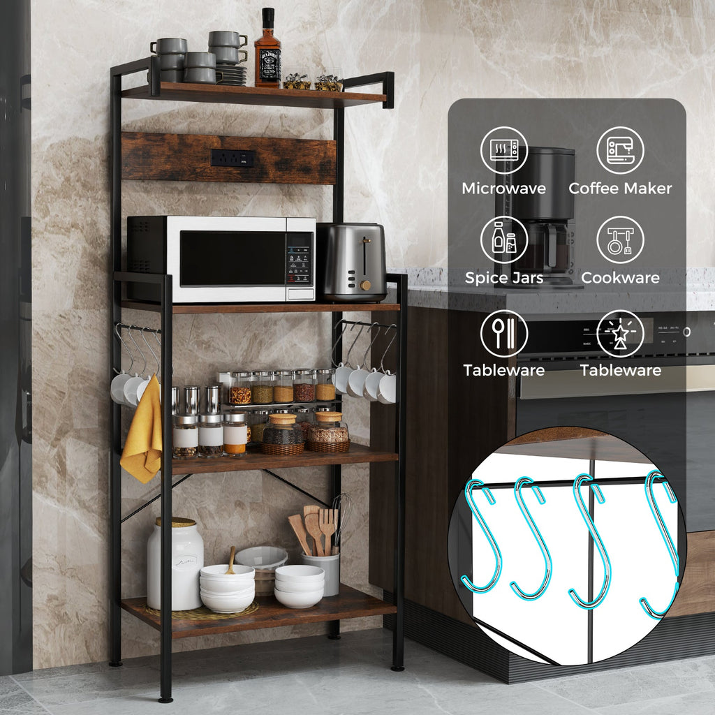 4-Tier Kitchen Bakers Rack with Power Outlet and 8 Hooks-Rustic Brown