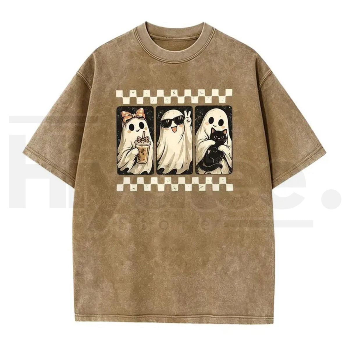 Spooky Theme Halloween Black Cat & Ghost Collage T-Shirt – Vintage Acid Wash Fall Graphic Cotton Tee