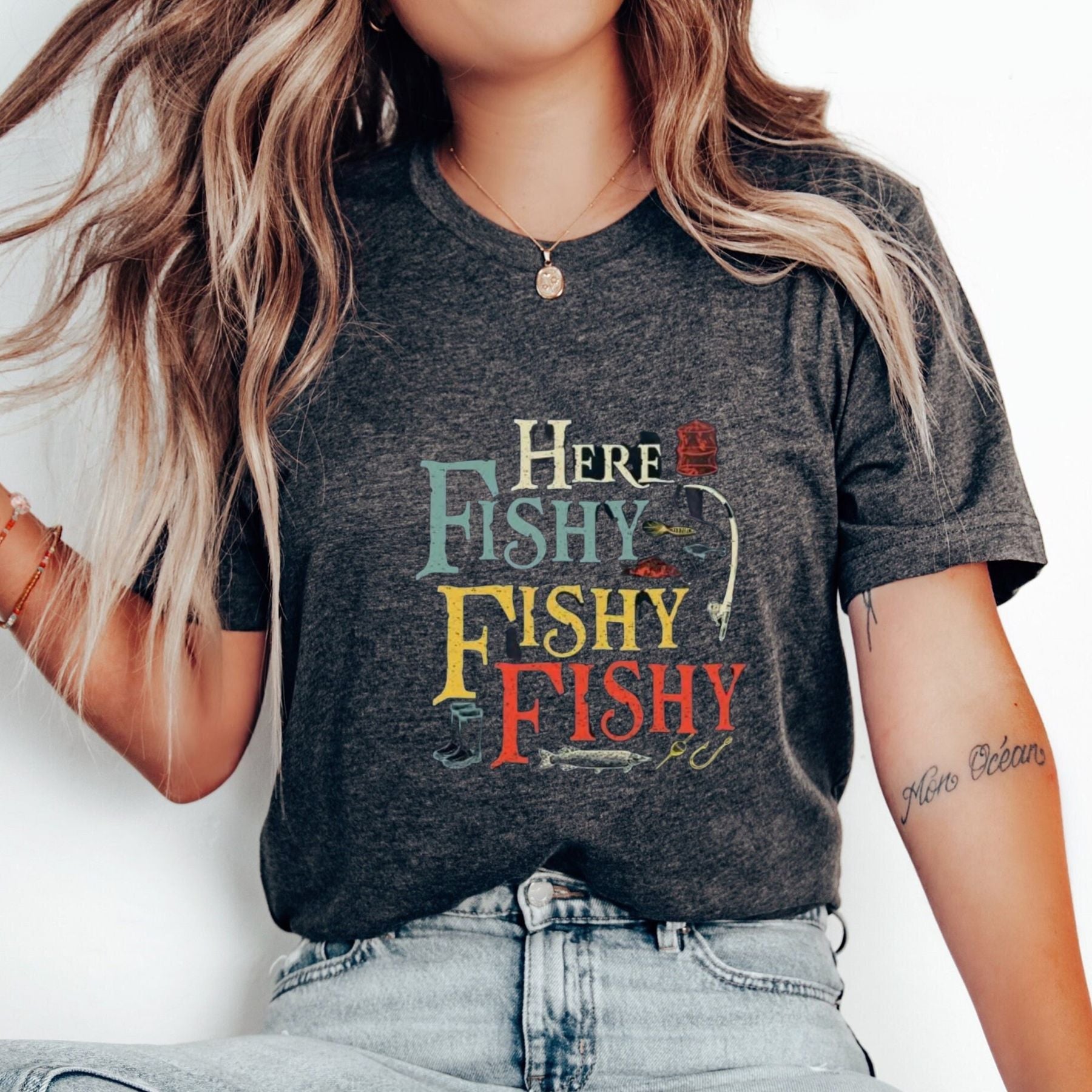 Men's "Here Fishy Fishy" T-Shirt – 100% Cotton Quick-Dry Fishing Graphic Tee 180gsm