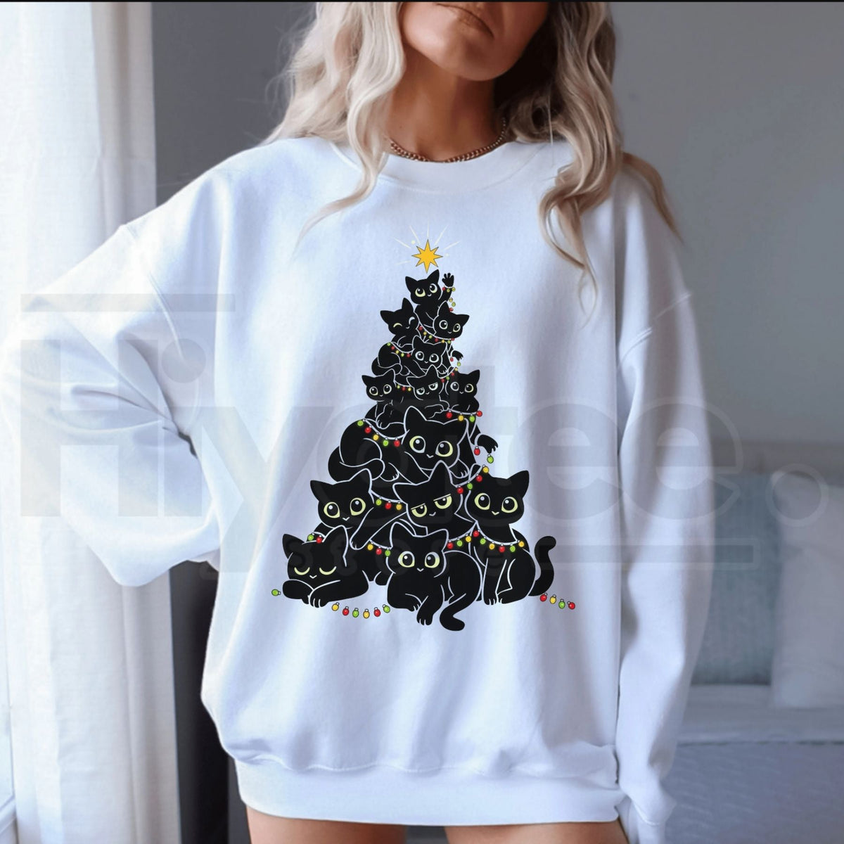 Geometric Black Cat Christmas Tree Sweatshirt, Chic Women's Holiday Graphic Pullover