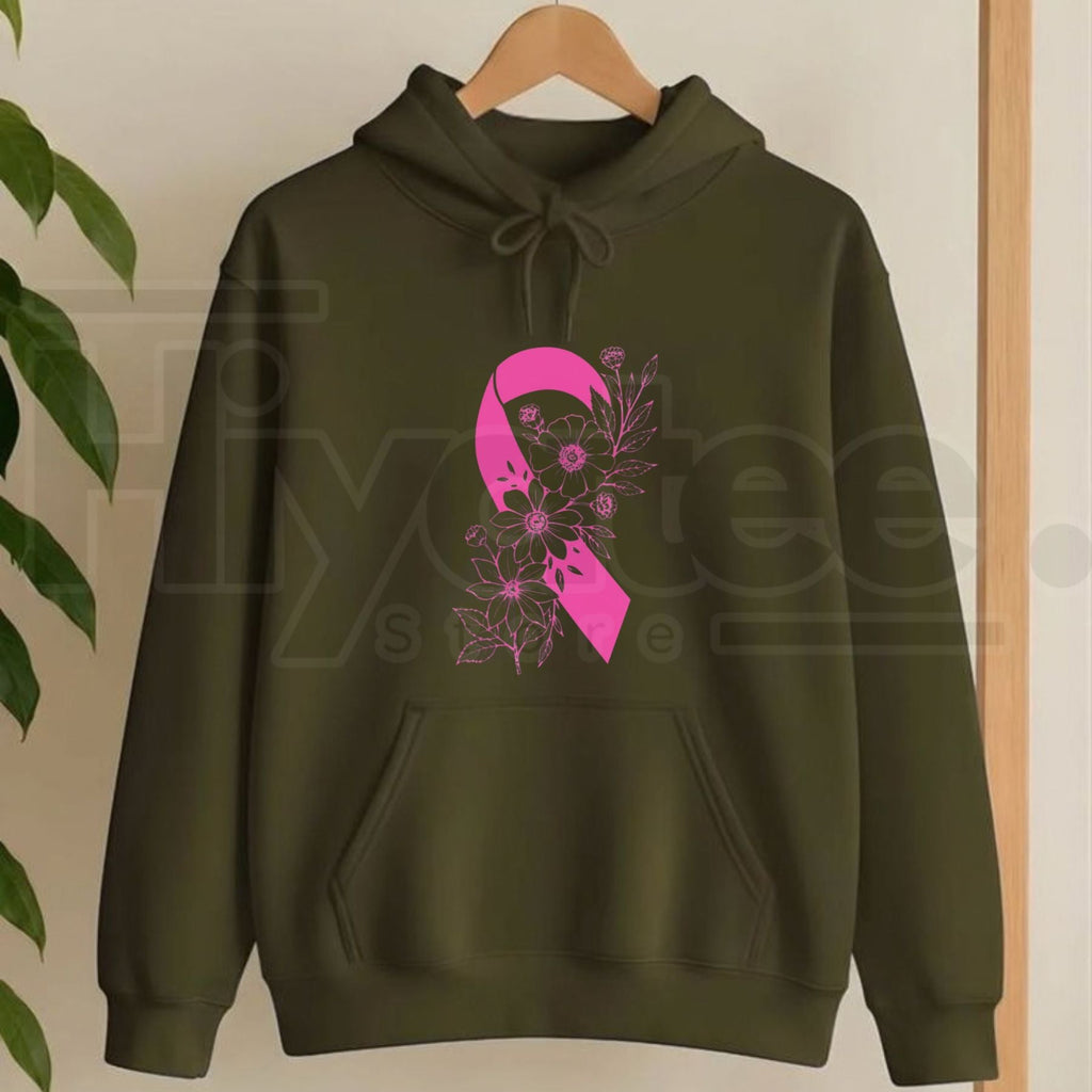 Breast Cancer Ribbon with Flowers Pullover Hoodie – Floral Hope & Awareness Floral Graphic Sweatshirt