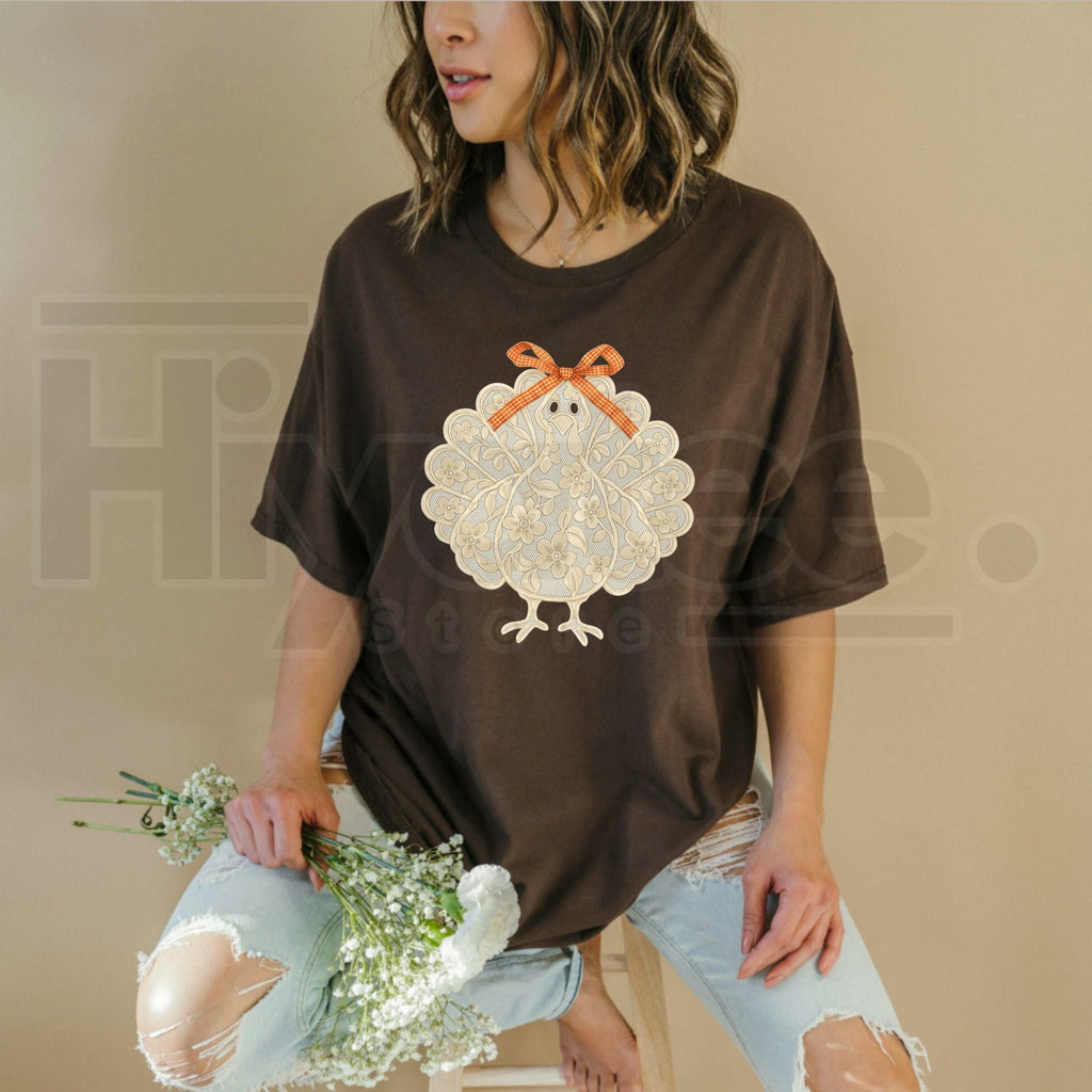Shelbe's Espresso Lace Turkey Long Sleeve T-Shirt – Elegant Thanksgiving Holiday Graphic Top
