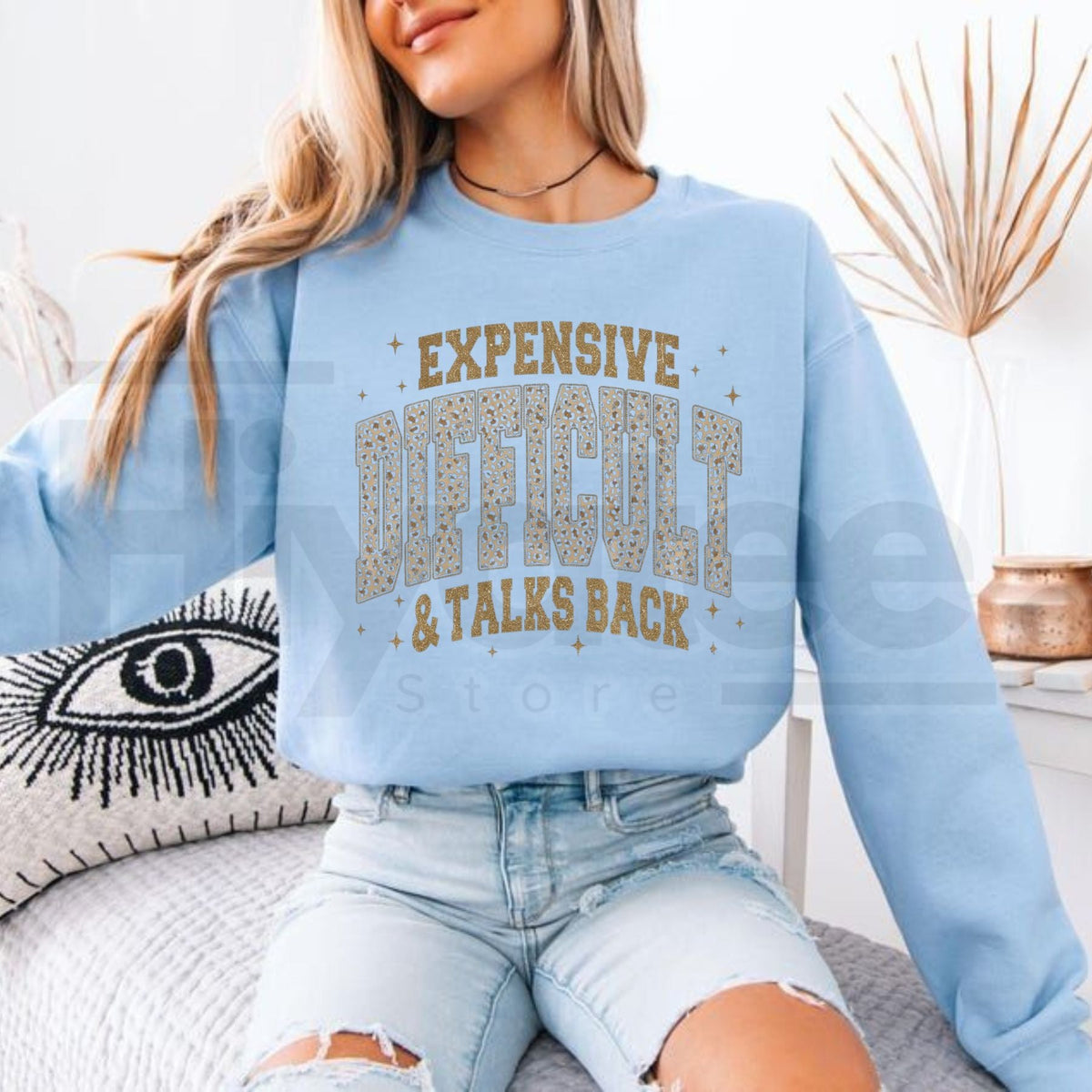 Gildan Leopard Expensive Difficult And Talks Back Sweatshirt, Funny Sarcastic Mama Graphic Pullover