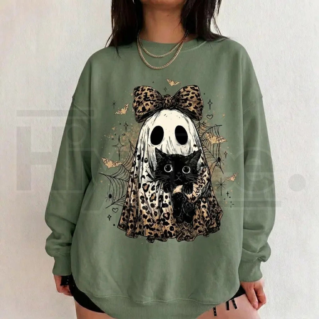 Leopard Ghost Cat Halloween Sweatshirt – Cute Spooky Black Cat Graphic Shirt, Coquette Bow Ghost Fall Outfit