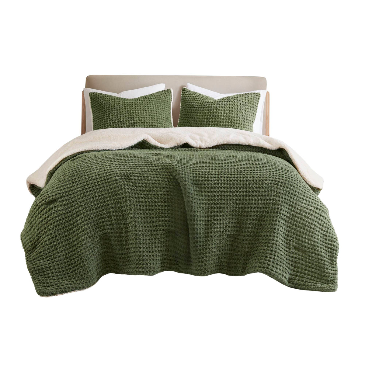 3 Pieces Full/Queen Waffle Knit Chenille Comforter Set - Olive