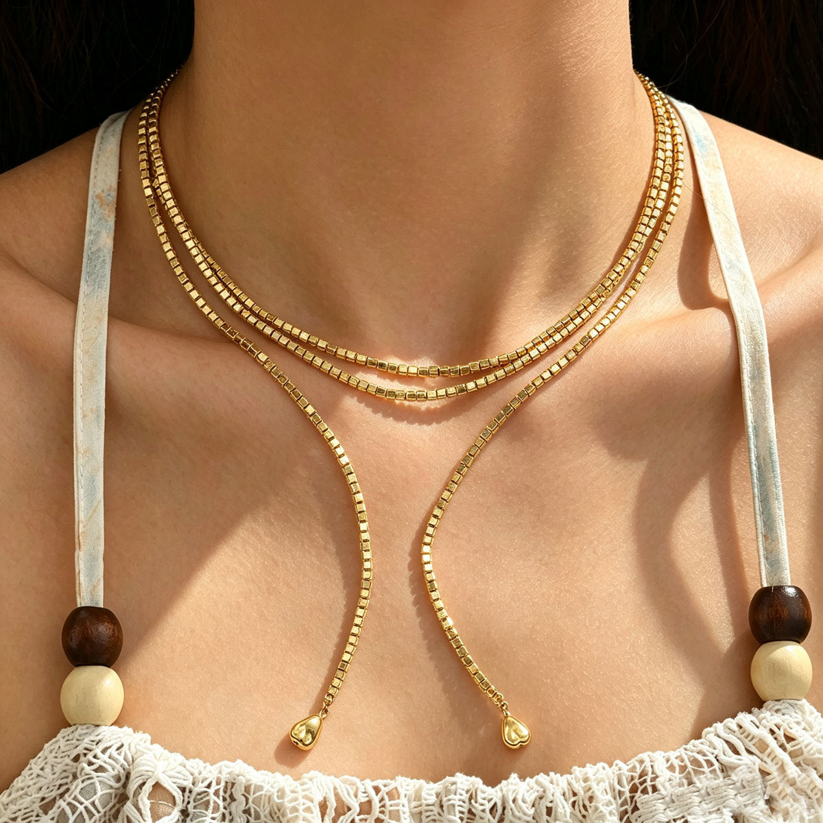 Women European American Long Clavicle Necklace, Unique Geometric Braided Design With Teardrop Pendant, Versatile Fashion Neck Jewelry