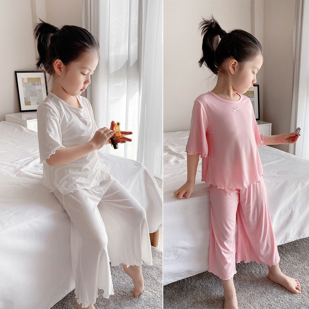 Girls' Ice Silk Pajama Top And Pants Set