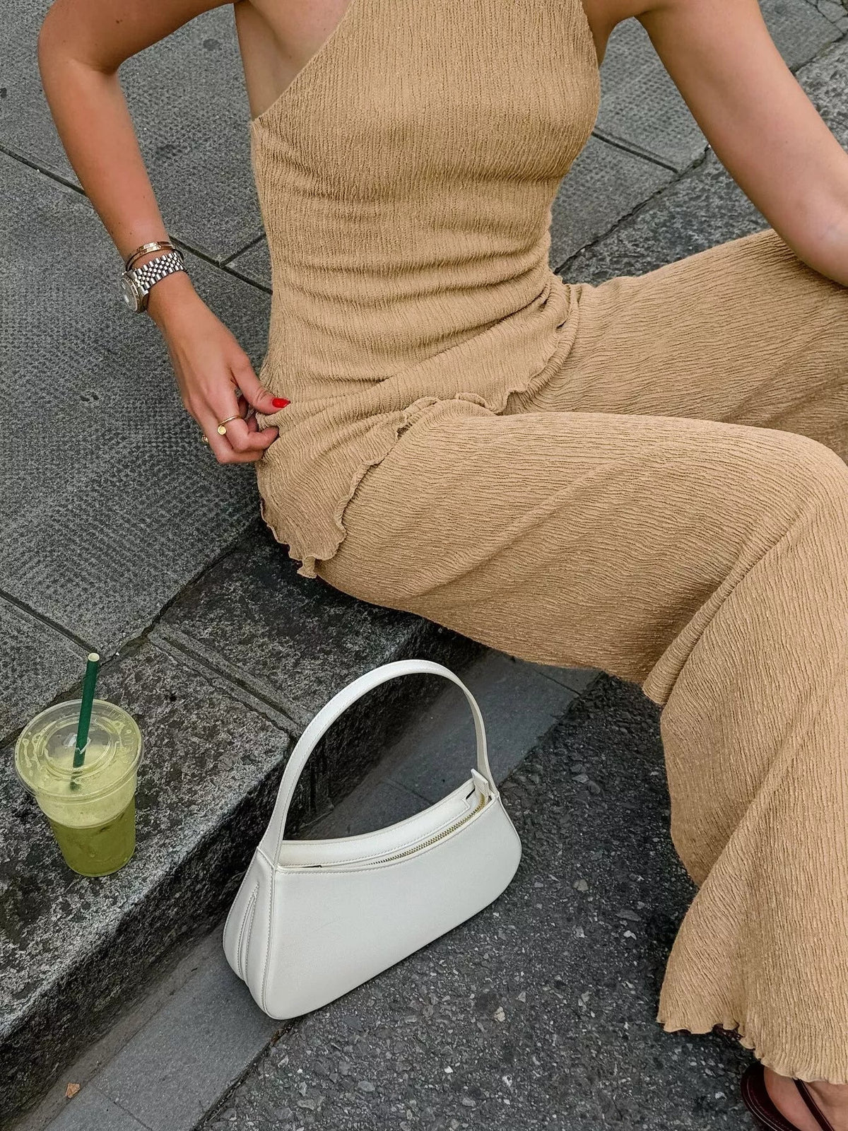 Sleeveless Top and Wide-Leg Pants Two-Piece Set – Green / Khaki