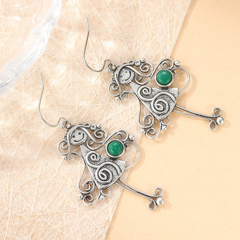 Vintage Woman Silhouette Drop Earrings Silver Tone Brass Green Stone Artistic Boho Daily Fashion Jewelry