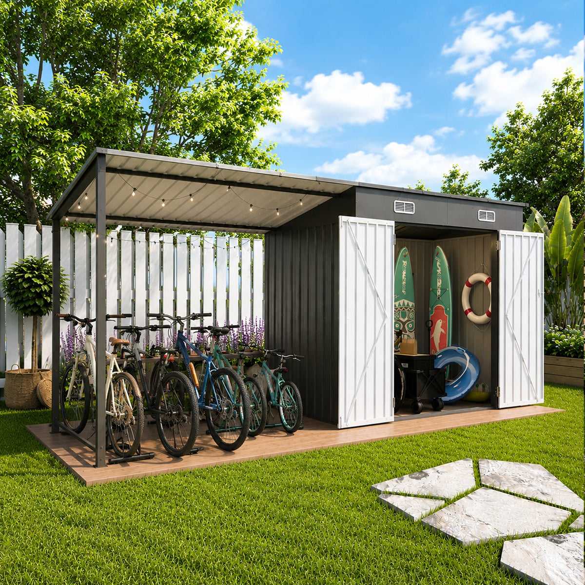 12x4 FT Metal Lean-To Shed with Pergola, 6x4 FT Outdoor Storage Shed & Hardtop Gazebo Combo
