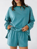 Casual Striped Long Sleeve Top and Shorts Set