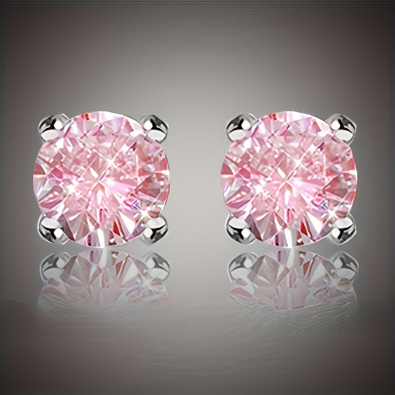 Blush Round Crystal Stud Earrings Silver Tone Brass Women Elegant Daily Party Fashion Jewelry Sparkling