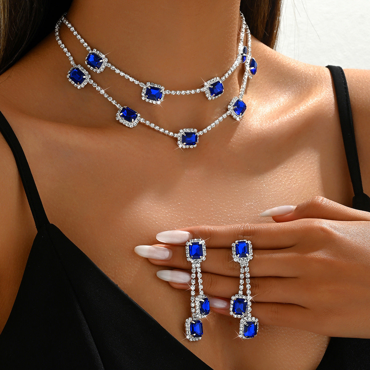 Amazon Hot Selling Square Double-layer Necklace Tassel Earrings Light Luxury Wedding Two-piece Set Multi-color One-piece Hair