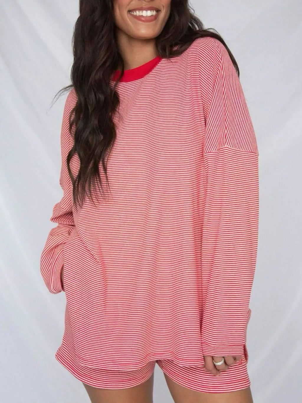 Striped Dropped Shoulder Top and Shorts Set