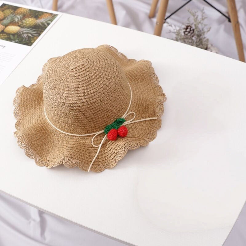 Girl Cherry Straw Hat Bag Set Princess Hat Beach Hat Sun Hat